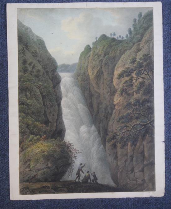 19th century English School Figures overlooking a waterfall, 11.75 x 8.5in., unframed
